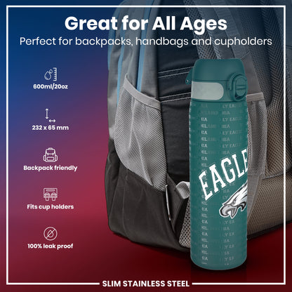 A teal, slim stainless steel water bottle, featuring a Philadelphia Eagles design, sits in a backpack pocket. It's 600ml/20oz, 232 x 65 mm, backpack and cupholder friendly, and 100% leak proof. Great for all ages.