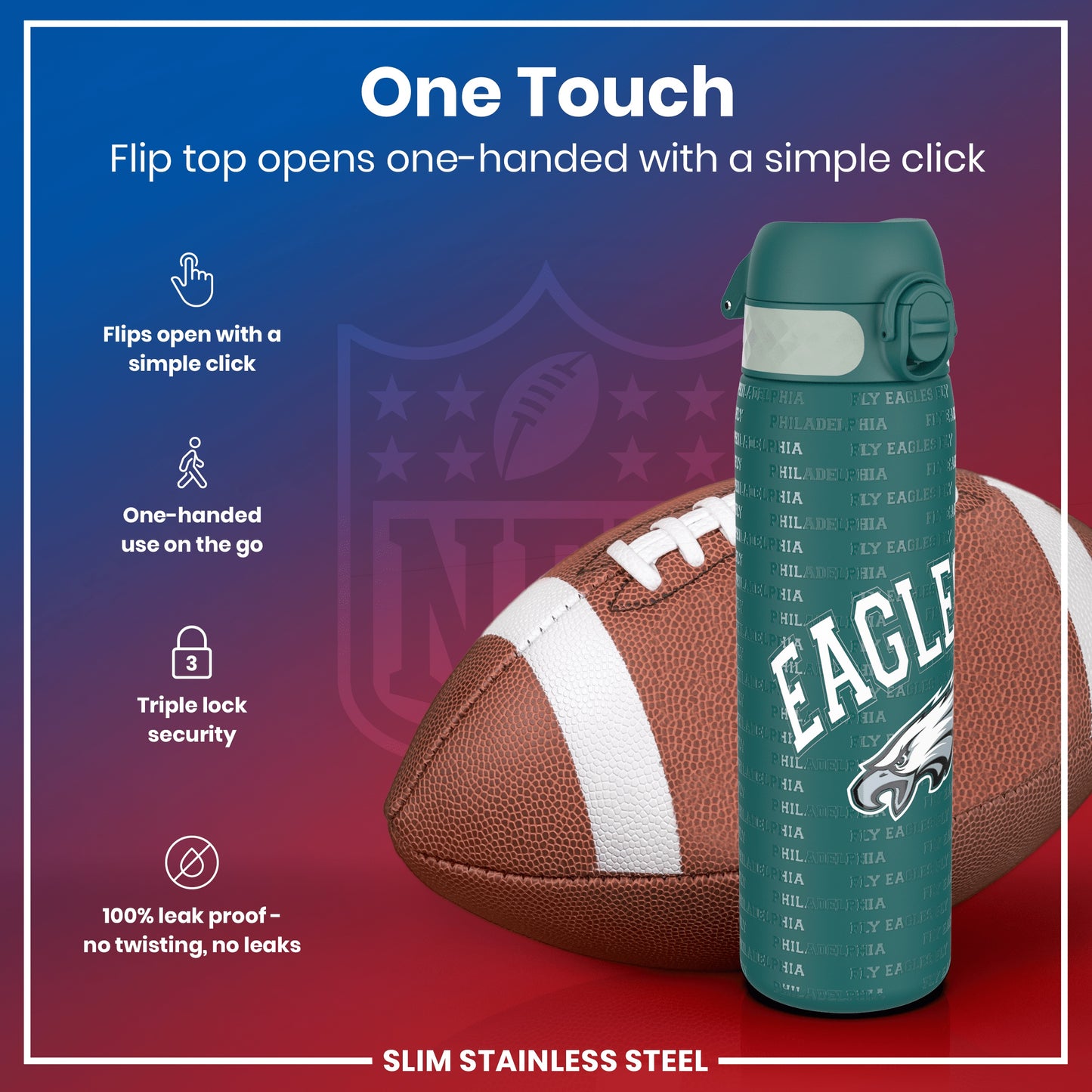 A green, Philadelphia Eagles-themed water bottle sits next to an American football; its flip top opens one-handed.