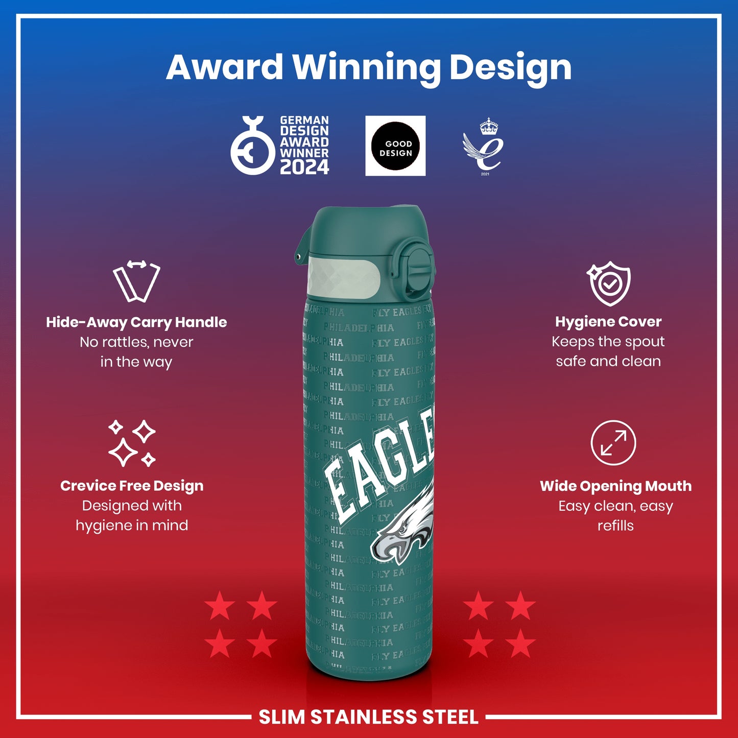 A teal, slim stainless steel water bottle, featuring an eagle design and "Philadelphia Eagles" text, sits against a red and purple gradient background; it displays various design features.