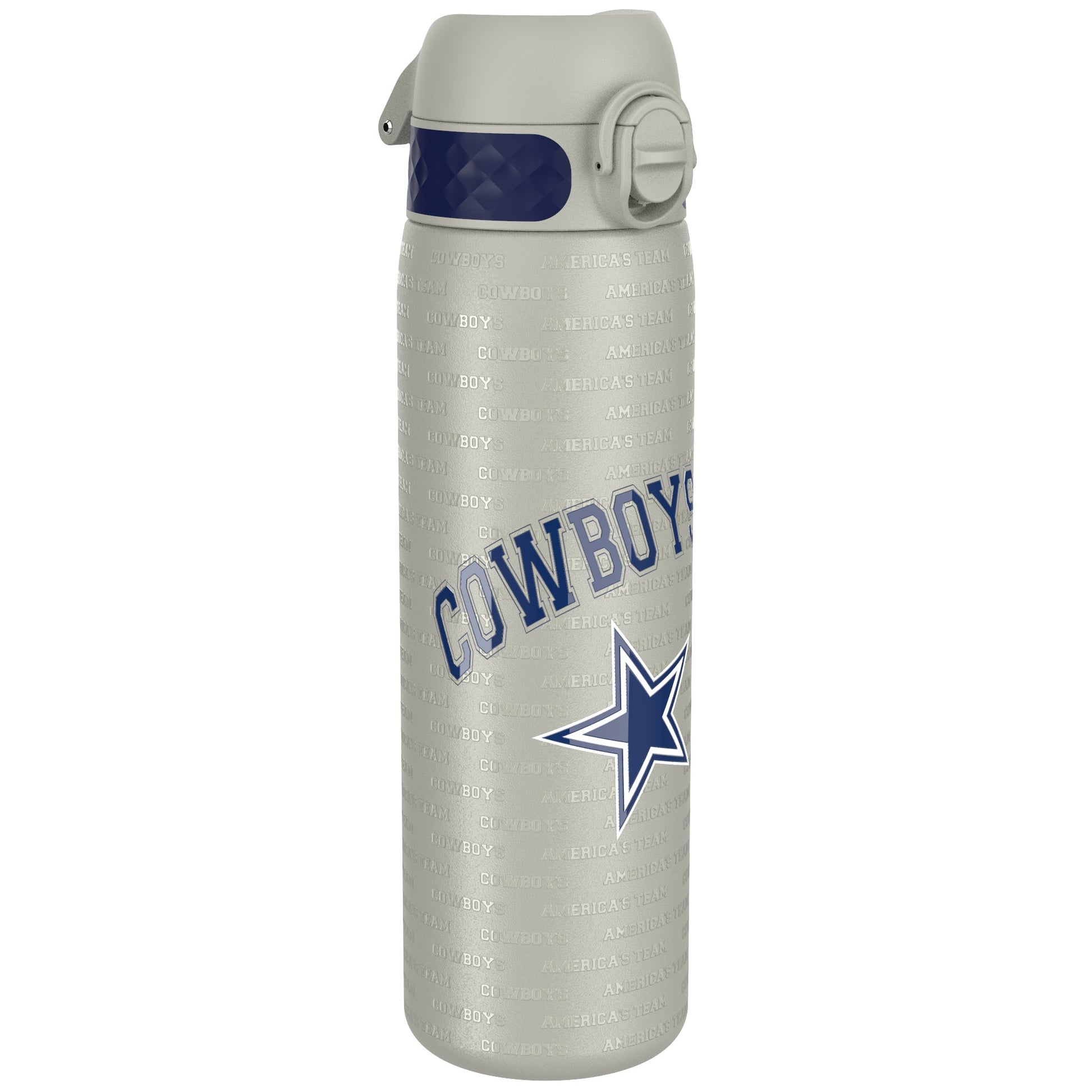 A gray water bottle, featuring a Dallas Cowboys logo and repeated text “Cowboys America’s Team,” stands alone against a white background.