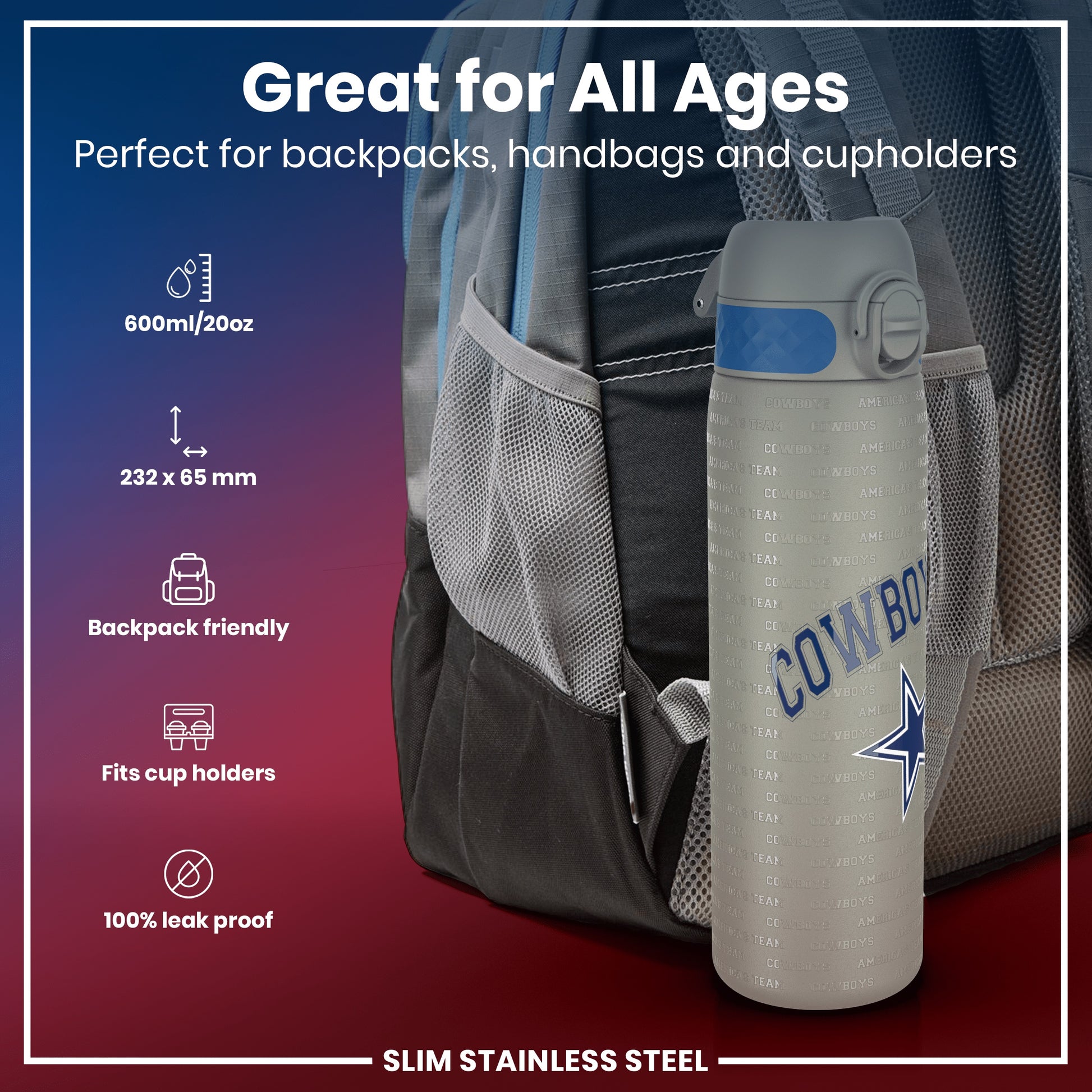 A grey, slim stainless steel water bottle, featuring a Cowboys logo, sits in a backpack pocket. It’s 600ml/20oz, 232 x 65 mm, leak-proof, and fits cup holders. Great for all ages.