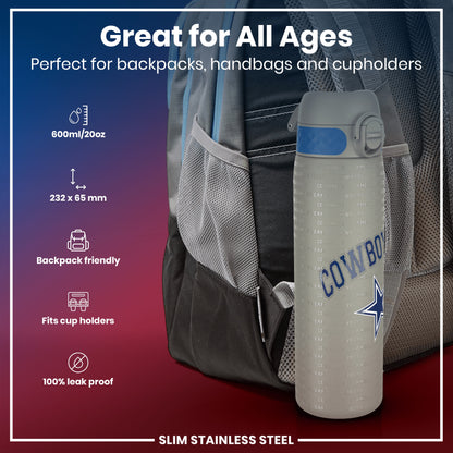 A grey, slim stainless steel water bottle, featuring a Cowboys logo, sits in a backpack pocket. It’s 600ml/20oz, 232 x 65 mm, leak-proof, and fits cup holders. Great for all ages.