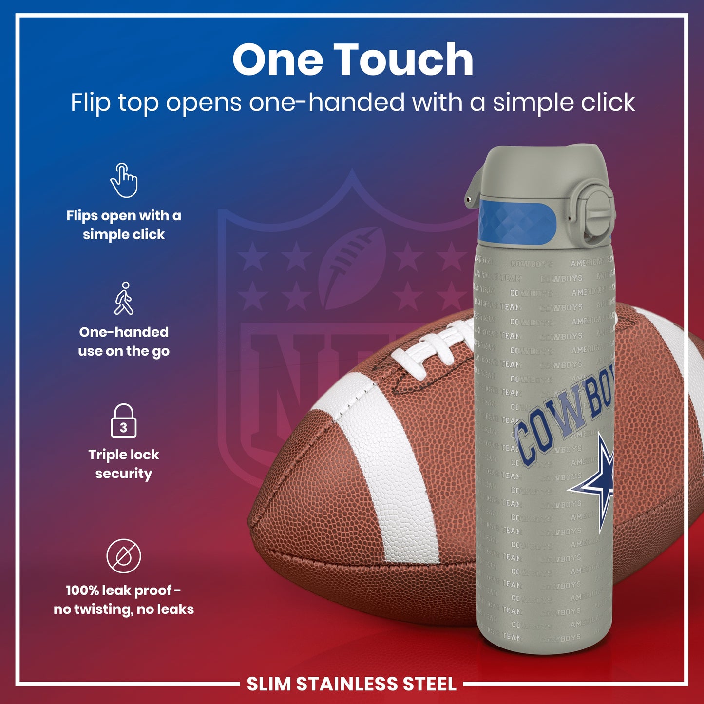 A gray water bottle, featuring a flip top and Dallas Cowboys branding, sits next to an American football; it is advertised as one-handed, leak-proof, and secure.