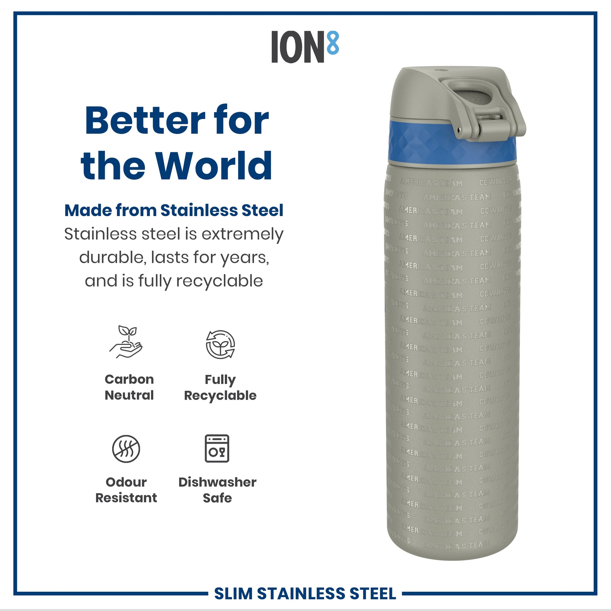 A stainless steel water bottle sits on a white background; it is grey with a blue band and features embossed text. The bottle is described as better for the world, carbon neutral, fully recyclable, odour resistant and dishwasher safe.