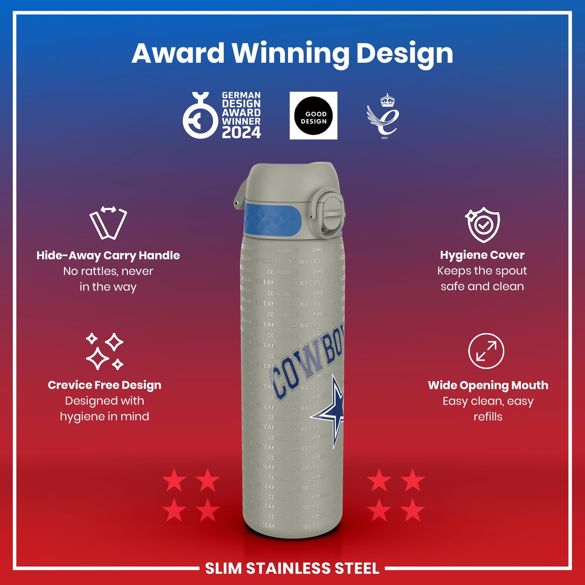 A slim stainless steel water bottle, displaying an award-winning design and featuring a Cowboys team logo, is shown against a red and blue gradient background.