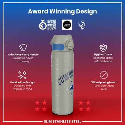 A slim stainless steel water bottle, displaying an award-winning design and featuring a Cowboys team logo, is shown against a red and blue gradient background.