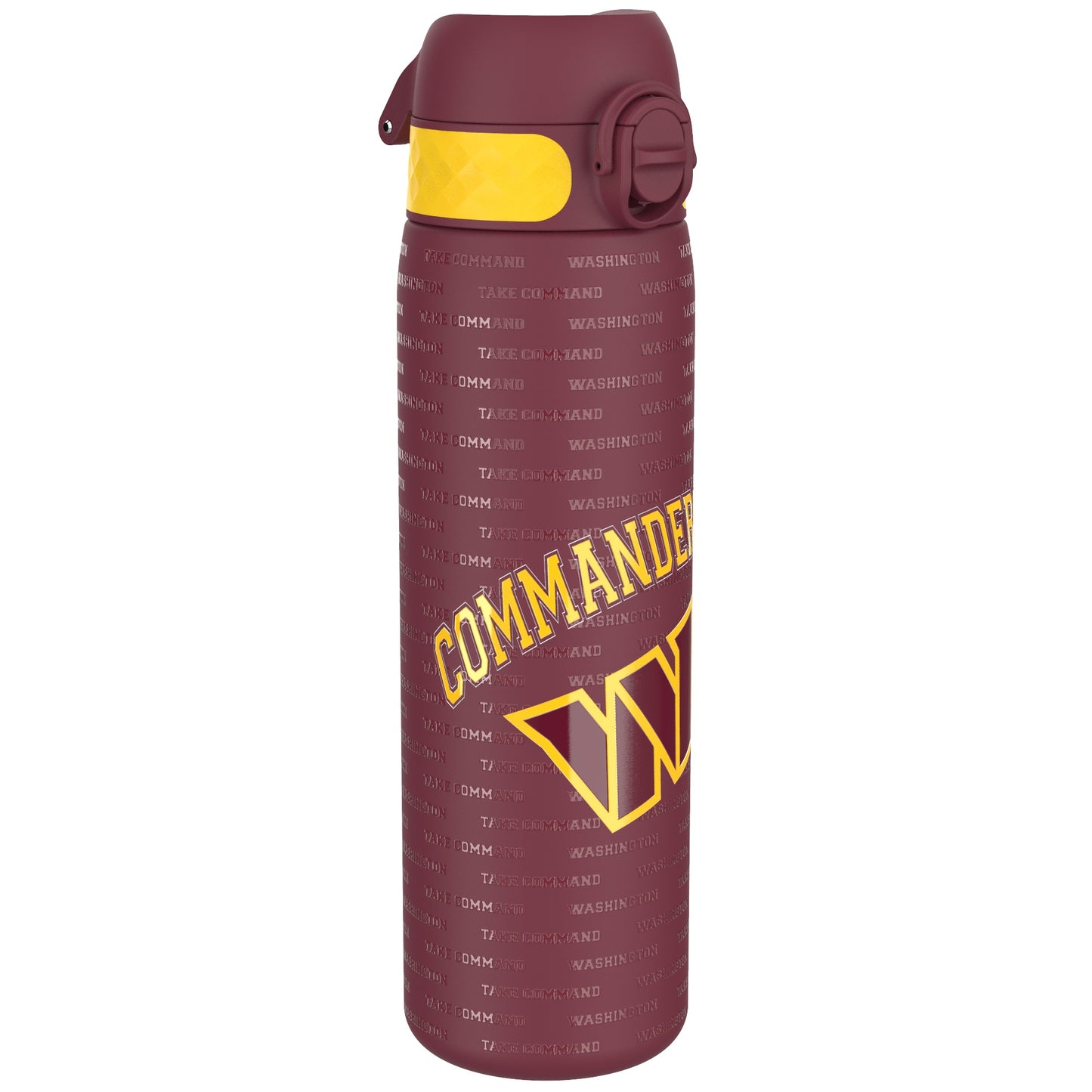 A maroon water bottle, featuring a yellow band and the word "COMMANDER" printed on it, sits against a white background. The bottle is decorated with repeating text: "TAKE COMMAND" and "WASHINGTON."