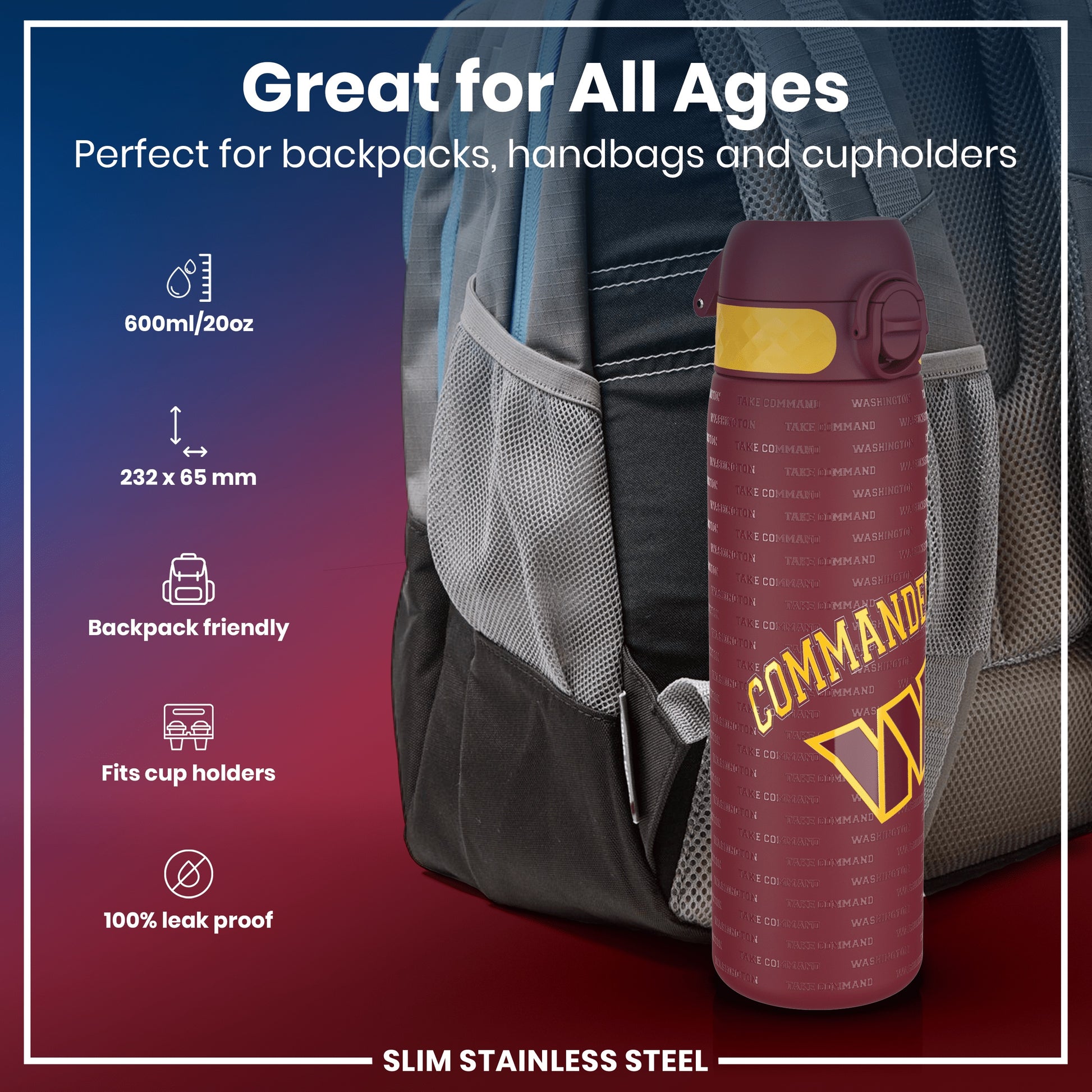 A maroon water bottle, featuring the repeated text "TAKE COMMAND WASHINGTON," sits inside a backpack's mesh pocket. It's 600ml/20oz and 232 x 65 mm, described as backpack-friendly, fitting cup holders, and leak-proof.