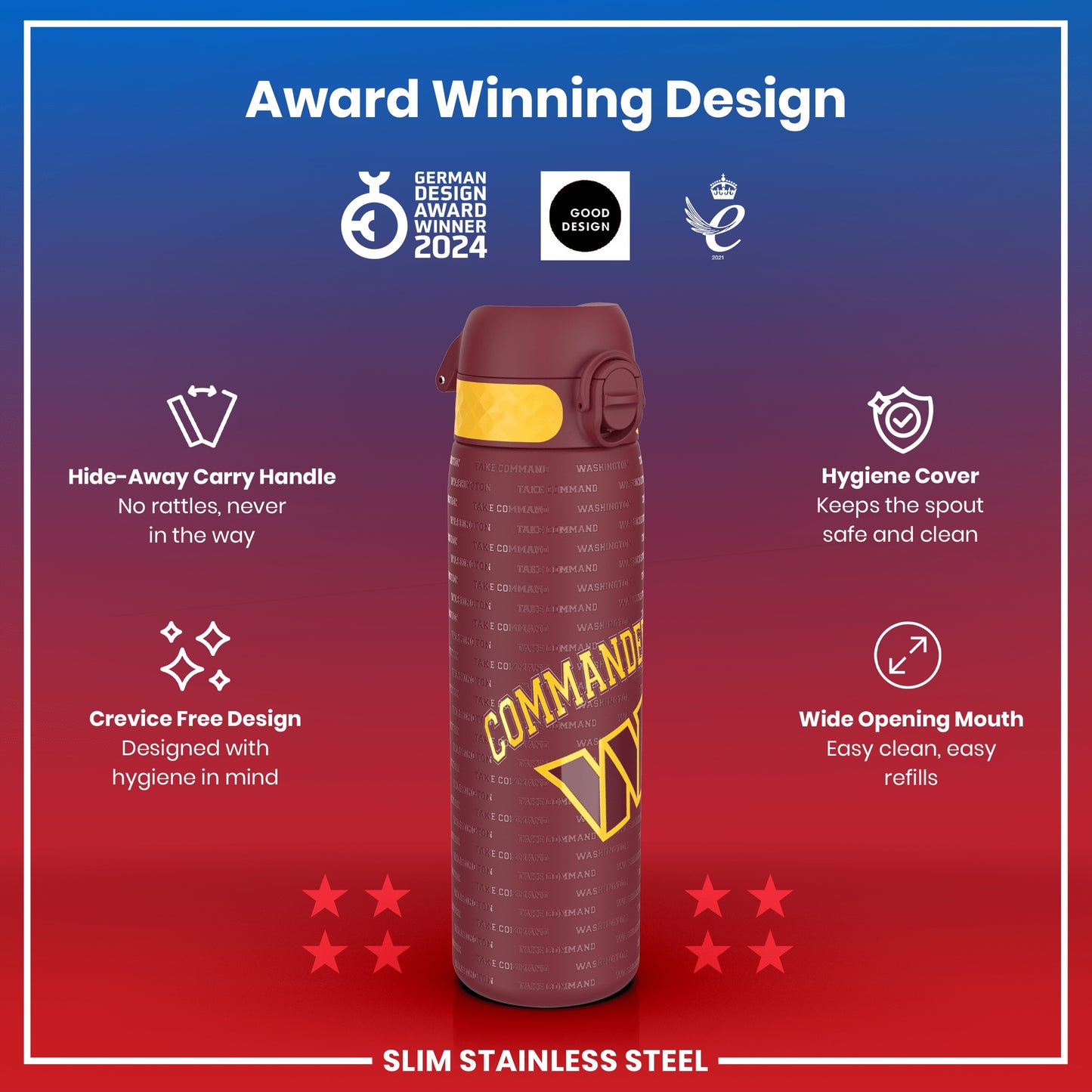 A maroon and yellow water bottle, featuring a wide mouth and a hideaway handle, is displayed against a gradient background showcasing its award-winning design and features.