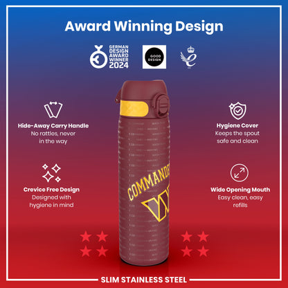 A maroon and yellow water bottle, featuring a wide mouth and a hideaway handle, is displayed against a gradient background showcasing its award-winning design and features.