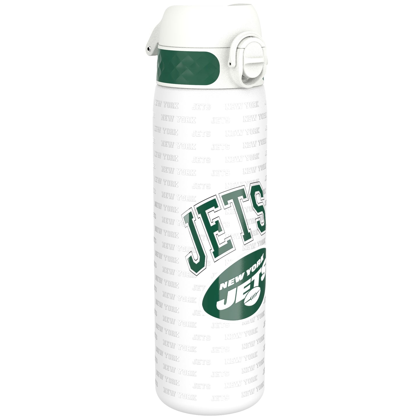 A white water bottle, displaying the New York Jets logo and repeated "New York Jets" text, stands against a white background.