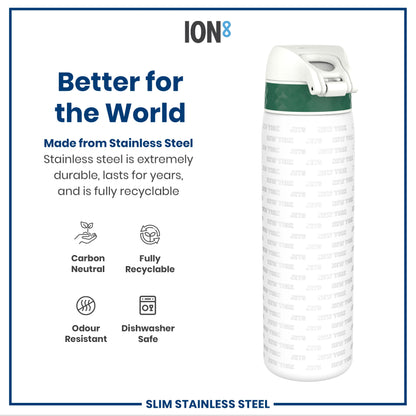 A stainless steel water bottle, featuring a dark-green band and "NEW YORK JETS" text, sits against a white background showcasing its eco-friendly attributes.