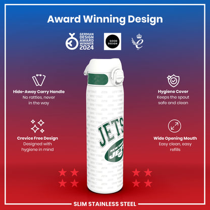 A water bottle, displaying the New York Jets logo, sits against a red background. The bottle features a hide-away handle and a crevice-free design. Award logos are shown.