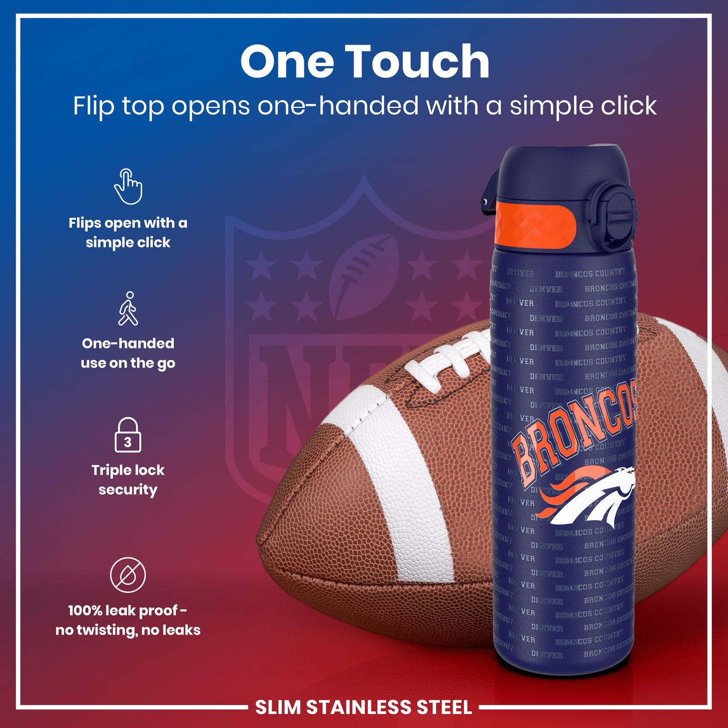 Leak Proof NFL Water Bottle, Stainless Steel, Denver Broncos, 600ml (20oz)