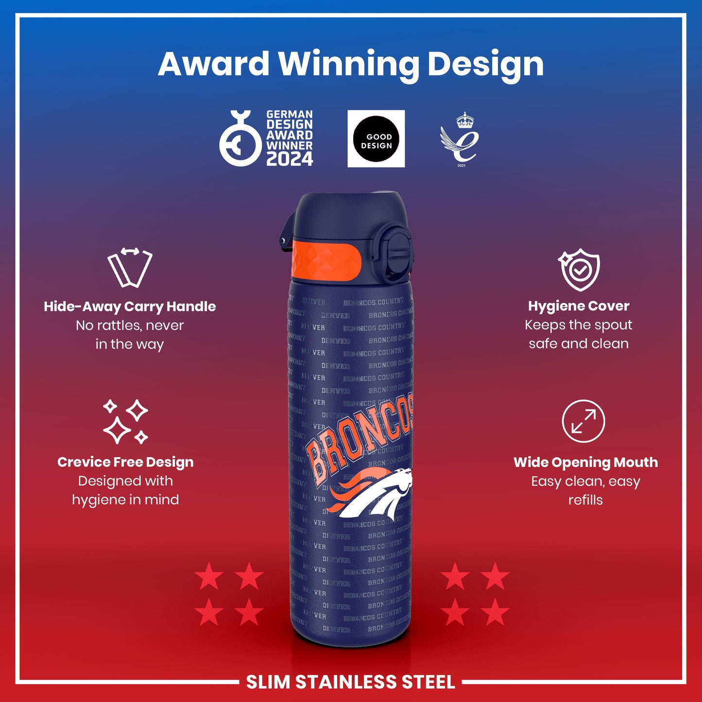 Leak Proof NFL Water Bottle, Stainless Steel, Denver Broncos, 600ml (20oz)