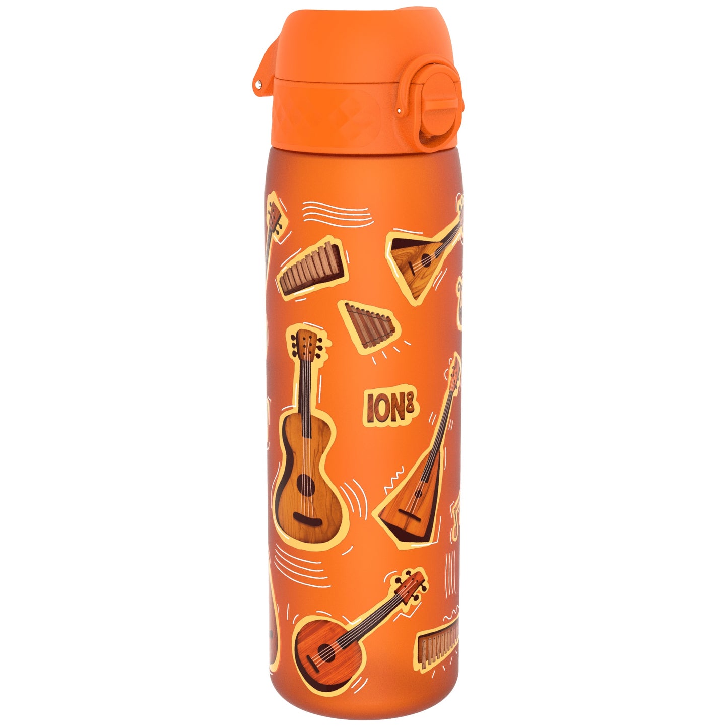 An orange water bottle, featuring various musical instruments, stands against a white background. ION8 is printed on the bottle.