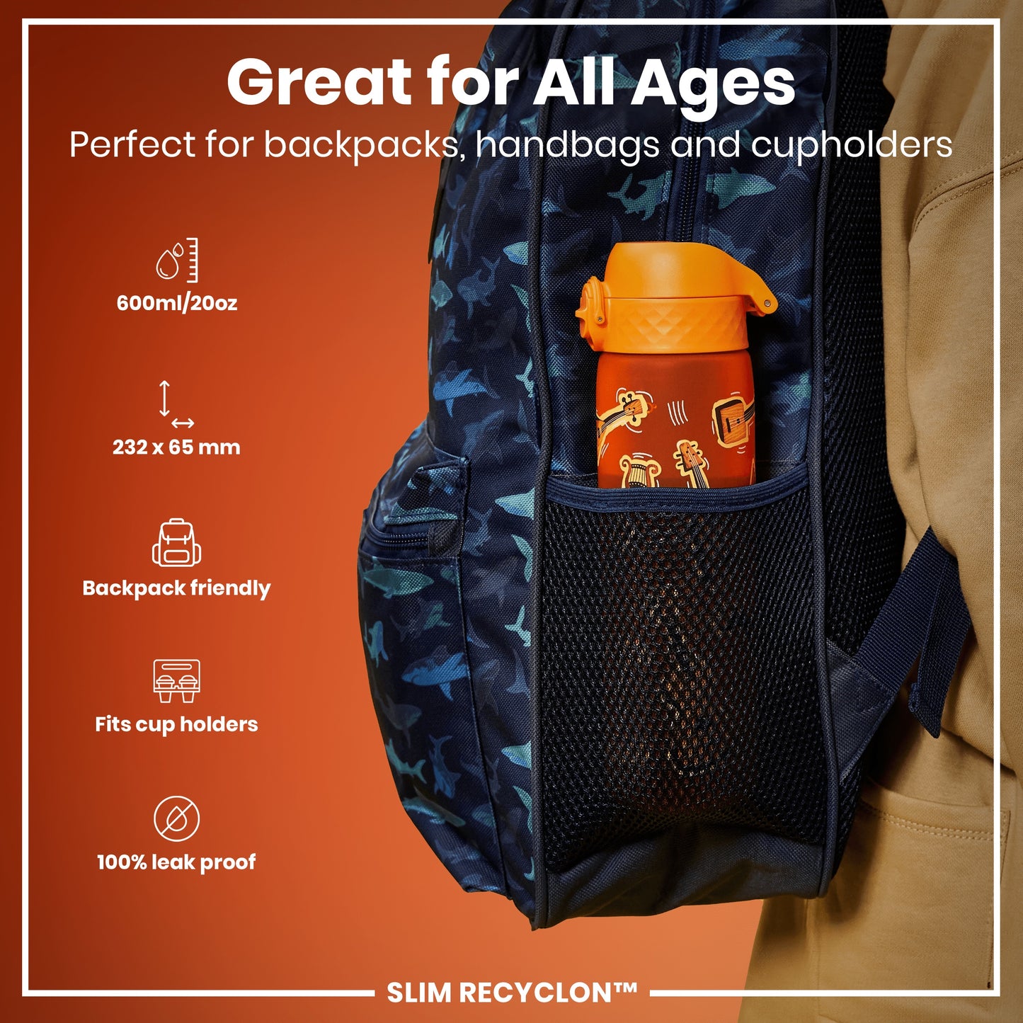 An orange water bottle fits inside a backpack's mesh pocket. The backpack is dark-blue with shark print. The bottle is 232 x 65 mm, 600ml/20oz, backpack and cupholder friendly, and leakproof.