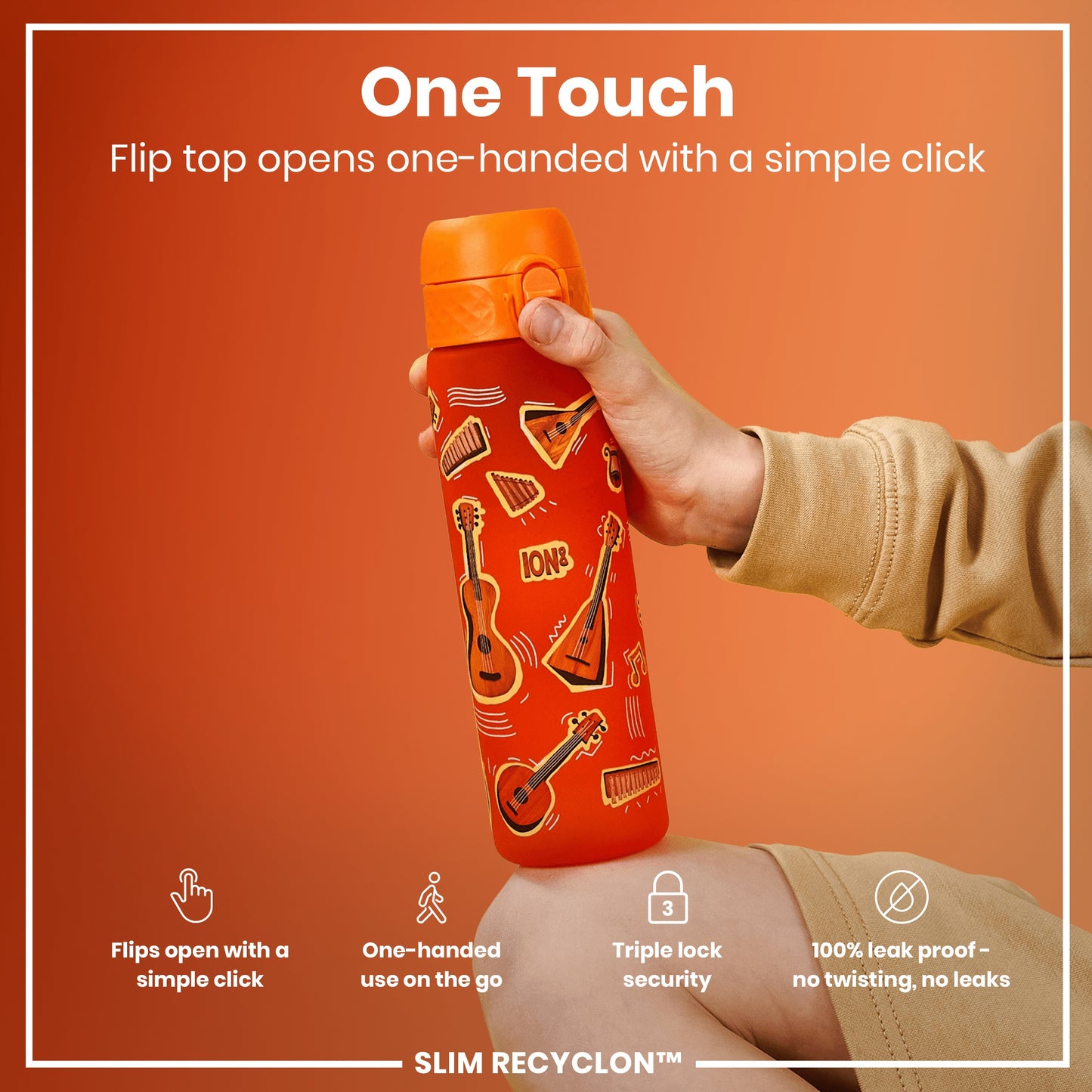 A hand holds an orange, musical instrument-decorated water bottle; its flip top opens with a single click; against an orange background.