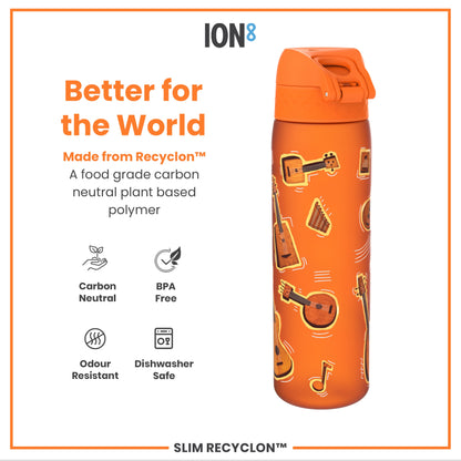 An orange water bottle, featuring musical instrument graphics, sits against a white background; it is made from a plant-based polymer. Better for the World; Made from Recyclon™. A food grade carbon neutral plant based polymer. Carbon Neutral. BPA Free. Odour Resistant. Dishwasher Safe. SLIM RECYCLON™.