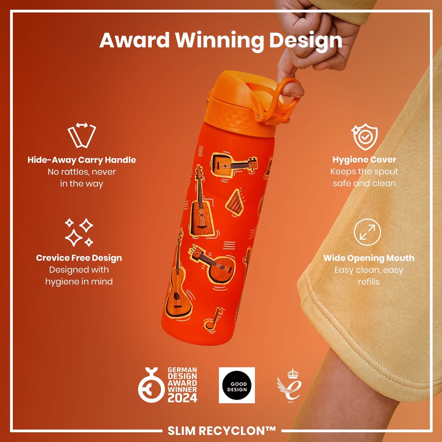 An orange water bottle, with a handle and musical instrument design, is being held. Its features are highlighted, including a hide-away handle, hygiene cover, and wide mouth. It's an award-winning design.