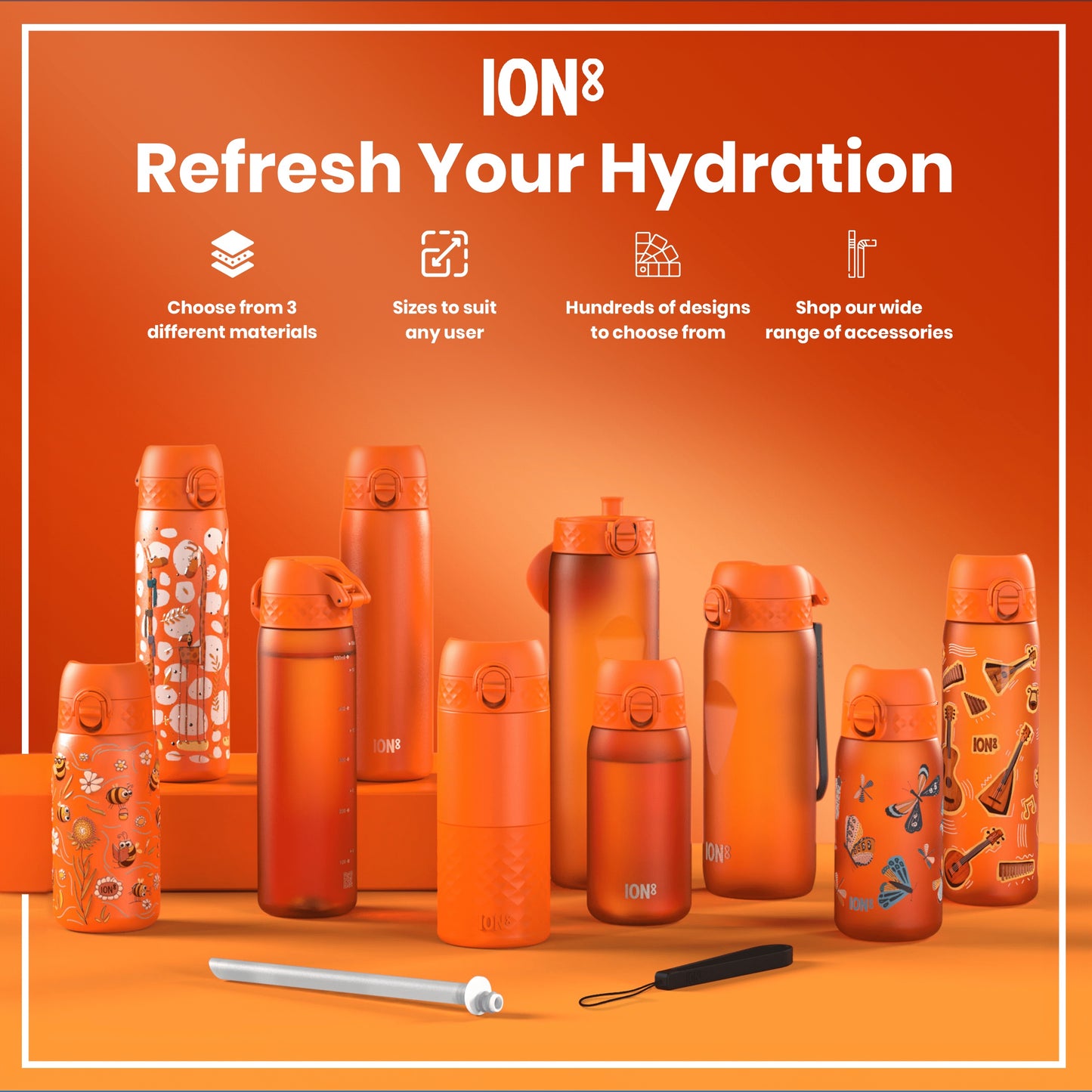 Several orange water bottles, of varying sizes and designs, are displayed on an orange surface. They showcase different material choices and patterns. The context is an advertisement for ION8 hydration products.