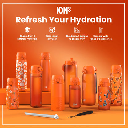 Several orange water bottles, of varying sizes and designs, are displayed on an orange surface. They showcase different material choices and patterns. The context is an advertisement for ION8 hydration products.