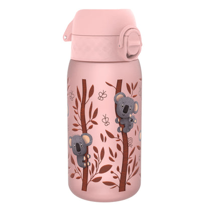 A pink water bottle, featuring koala bears climbing trees, sits on a white background.