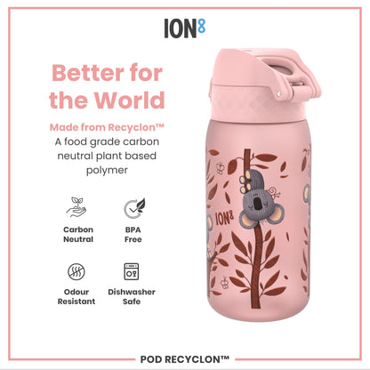 A pink, koala-decorated water bottle sits on a white background. It is made from a plant-based polymer, is BPA-free, odour-resistant and dishwasher-safe. The bottle is advertised as “Better for the World.”