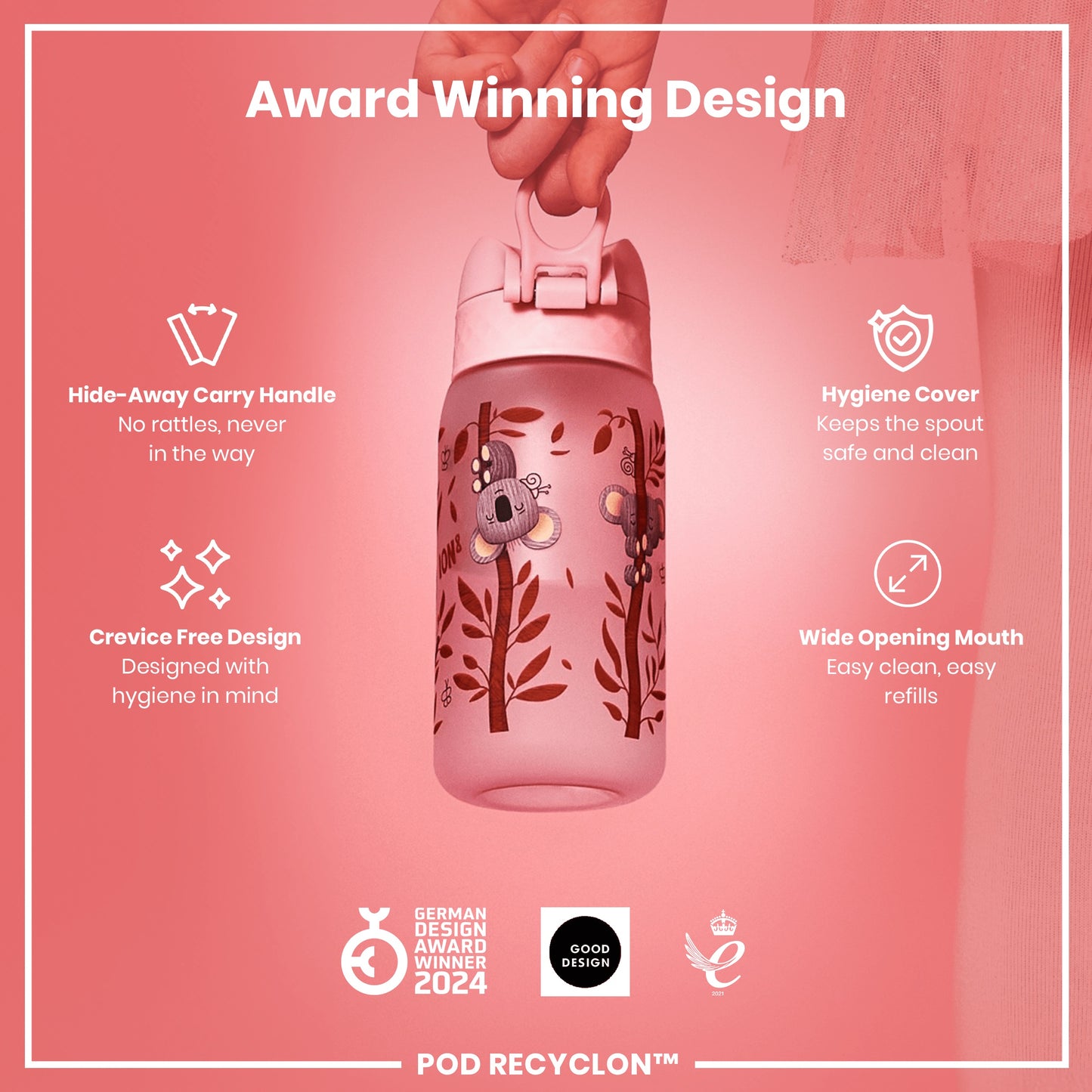 A pink water bottle, with a koala design, is being held; it features a hide-away handle and a wide mouth for easy cleaning, against a pink background with product details.