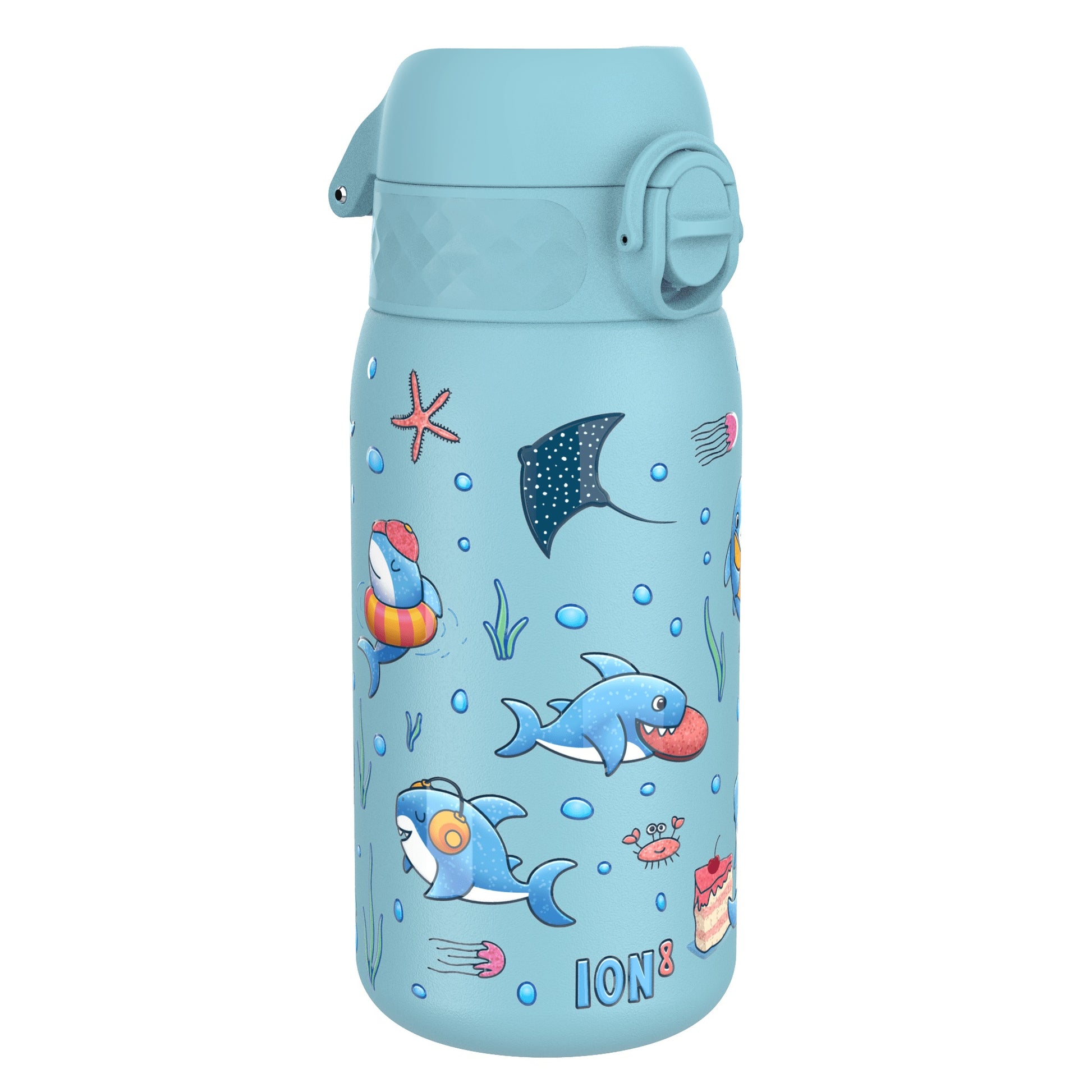 A light-blue water bottle, featuring cartoon sharks and other sea creatures, stands against a white background. ION8 is printed on the bottom.