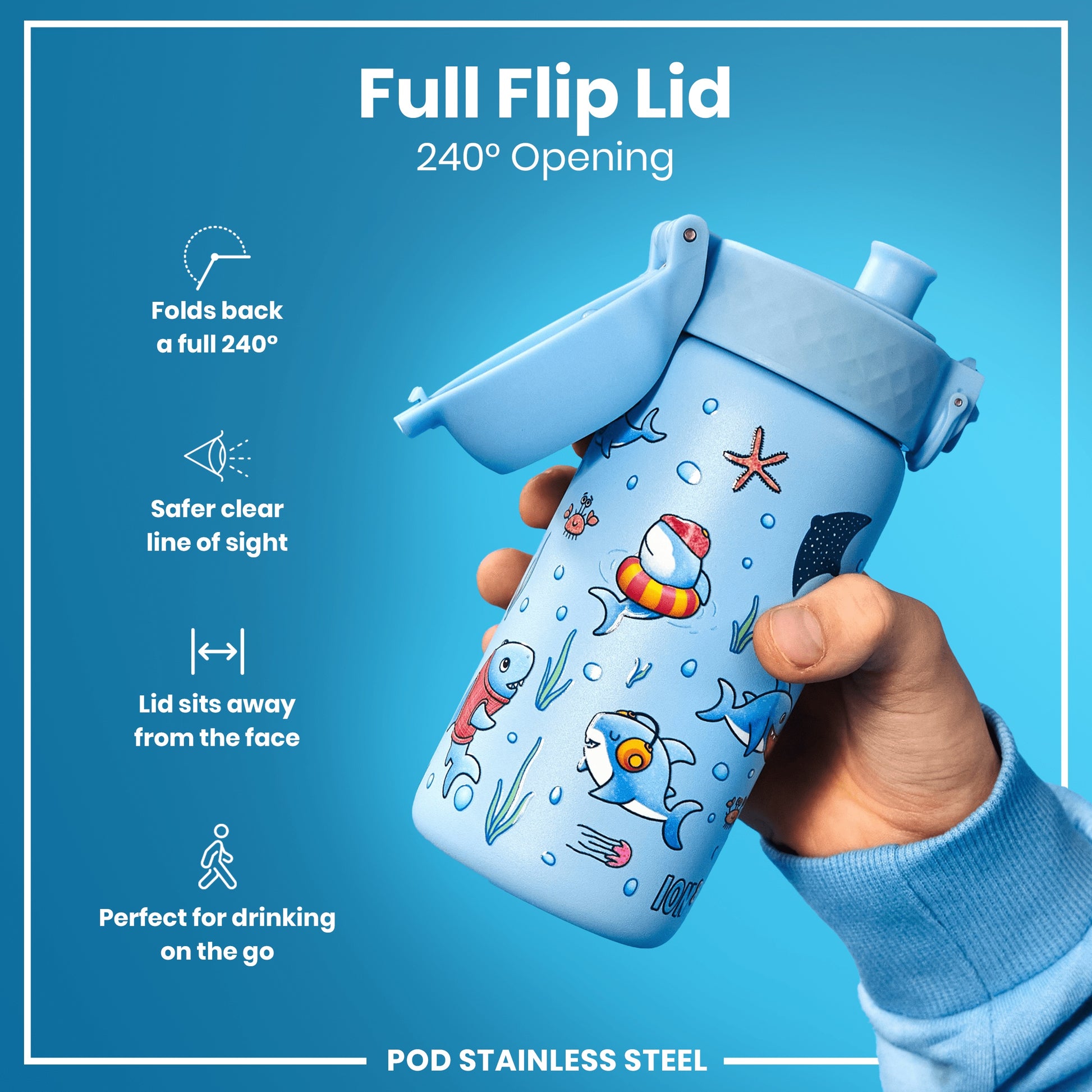 A child holds a blue stainless steel water bottle with a cartoon shark design; its flip lid is open, showcasing a 240° opening. The background is a solid light blue.