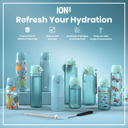 Several water bottles, displaying various sizes and designs, are arranged on a light blue surface. The bottles are teal and feature diverse children’s illustrations. Accompanying text advertises material choices, sizes, designs, and accessories.