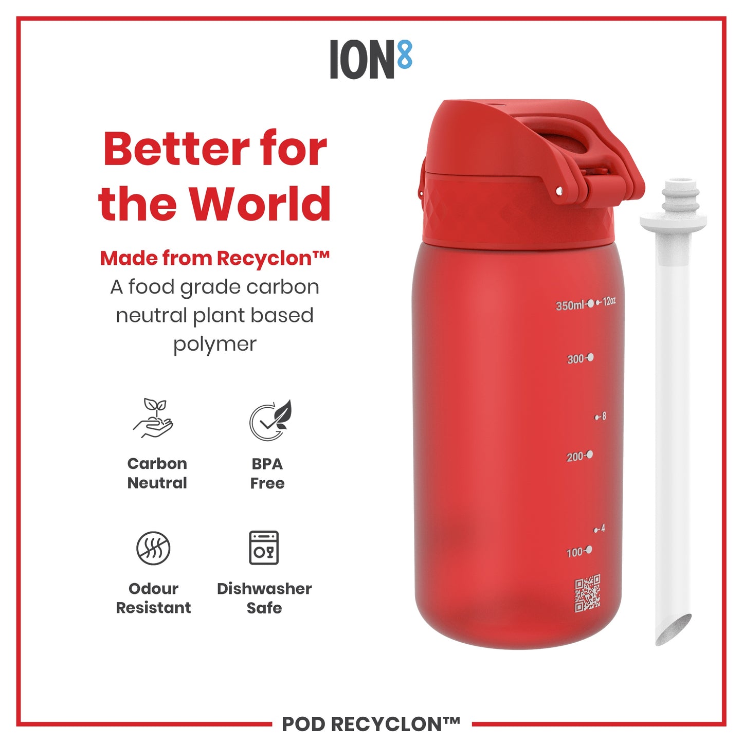 Leak Proof Small Water Bottle With Straw, Recyclon, Red, 350ml (12oz)