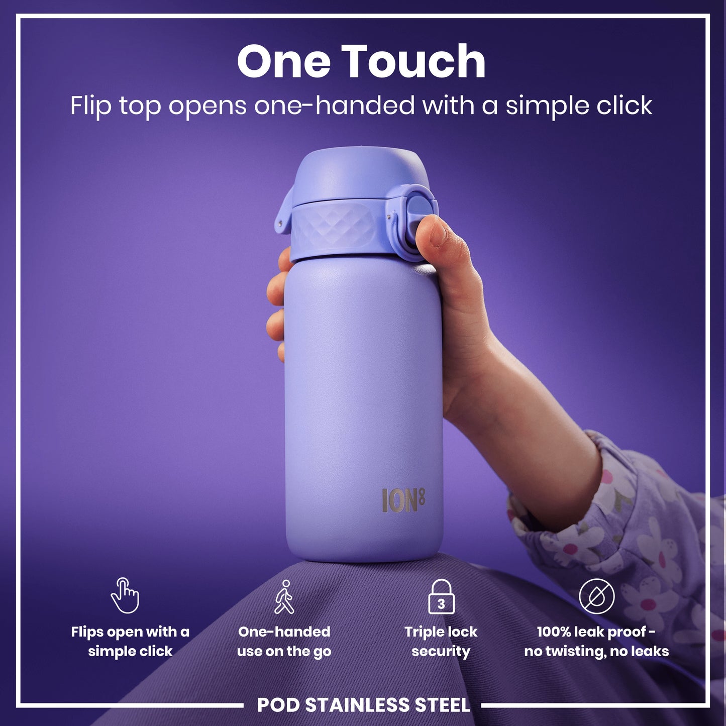 Leak Proof Kids Water Bottle, Stainless Steel, Light Purple, 400ml (13oz)