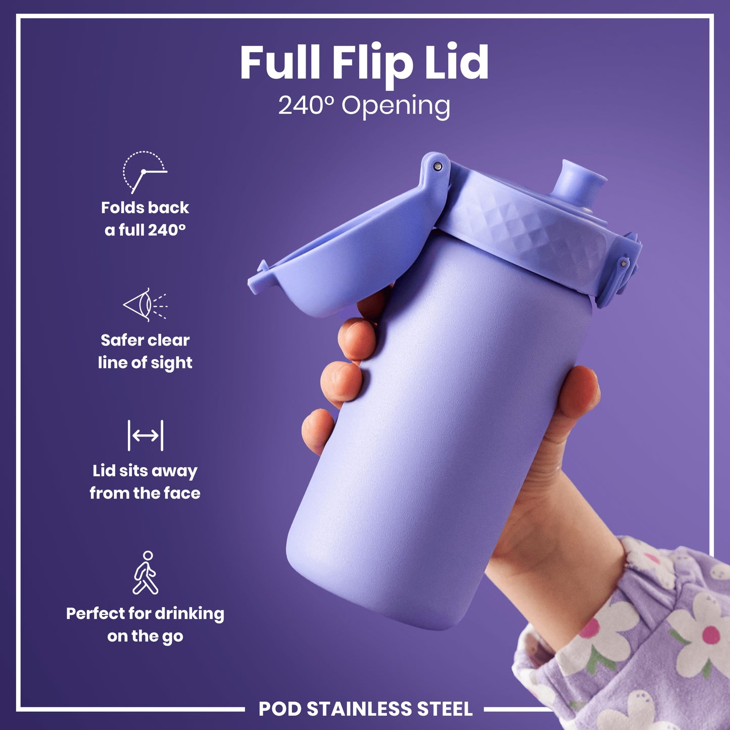 Leak Proof Kids Water Bottle, Stainless Steel, Light Purple, 400ml (13oz)