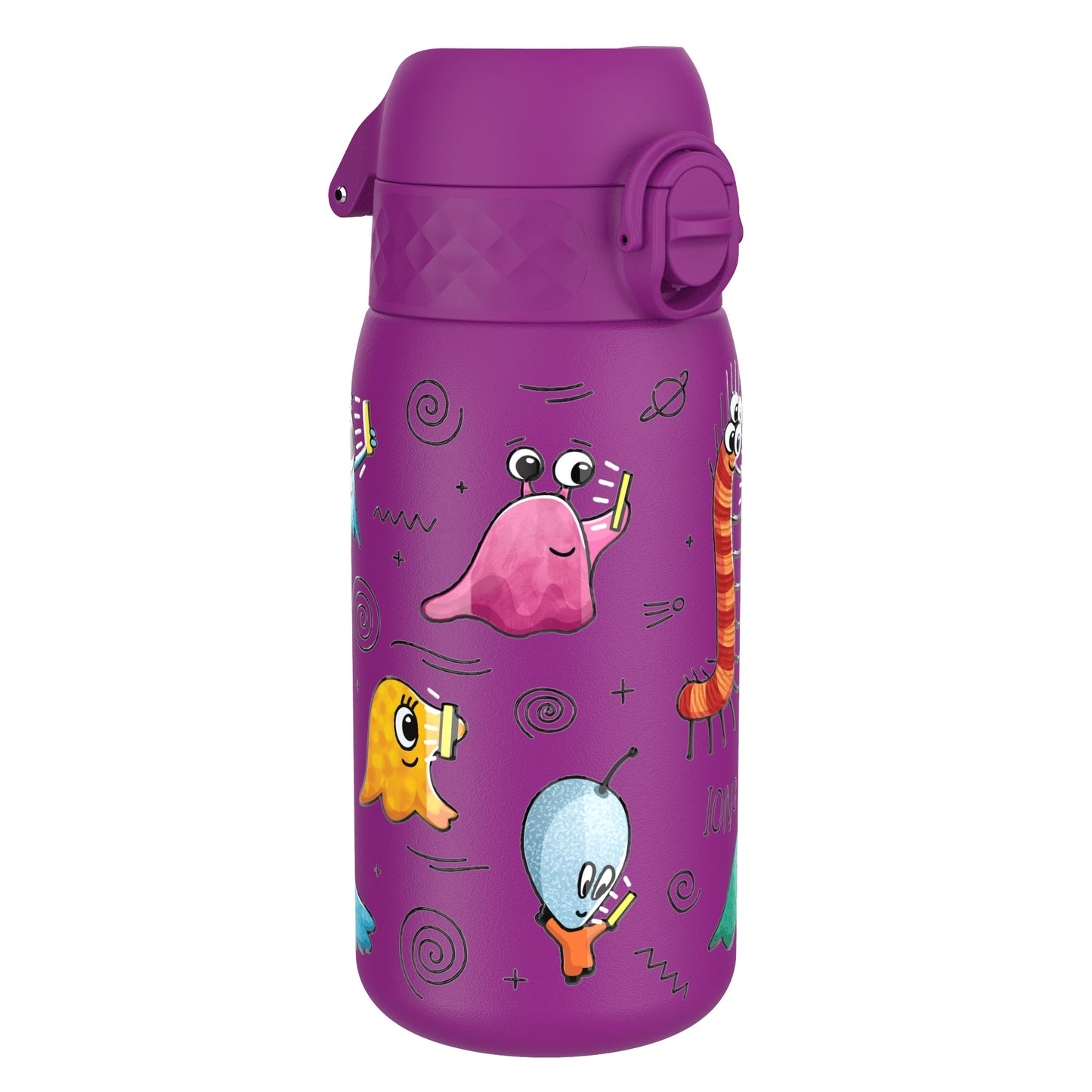 A purple water bottle, featuring cartoon monsters, sits upright against a white background.