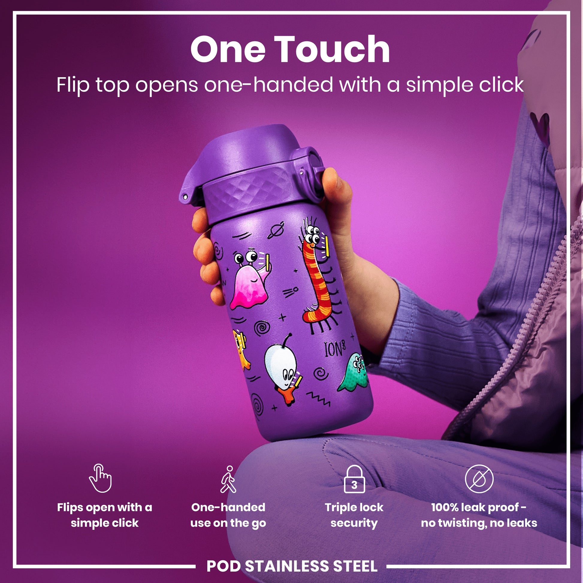 A purple, child-sized water bottle, decorated with cartoonish drawings, is being held. Its flip top opens with one hand via a simple click. This is emphasized by several icons and text. The bottle is advertised as leakproof and features a triple lock security system.