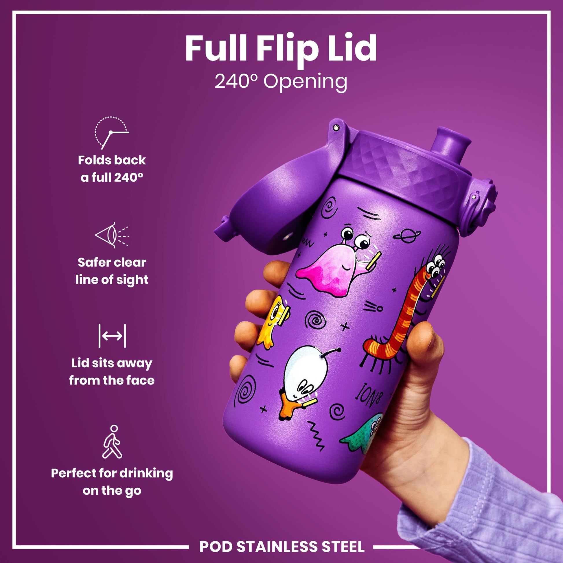 A purple, child-sized water bottle with a cartoon design is held; its lid flips open 240 degrees. The bottle is stainless steel and is shown against a purple background; text highlights its features. "Full Flip Lid," "240° Opening," "POD STAINLESS STEEL," and other descriptive text are visible.