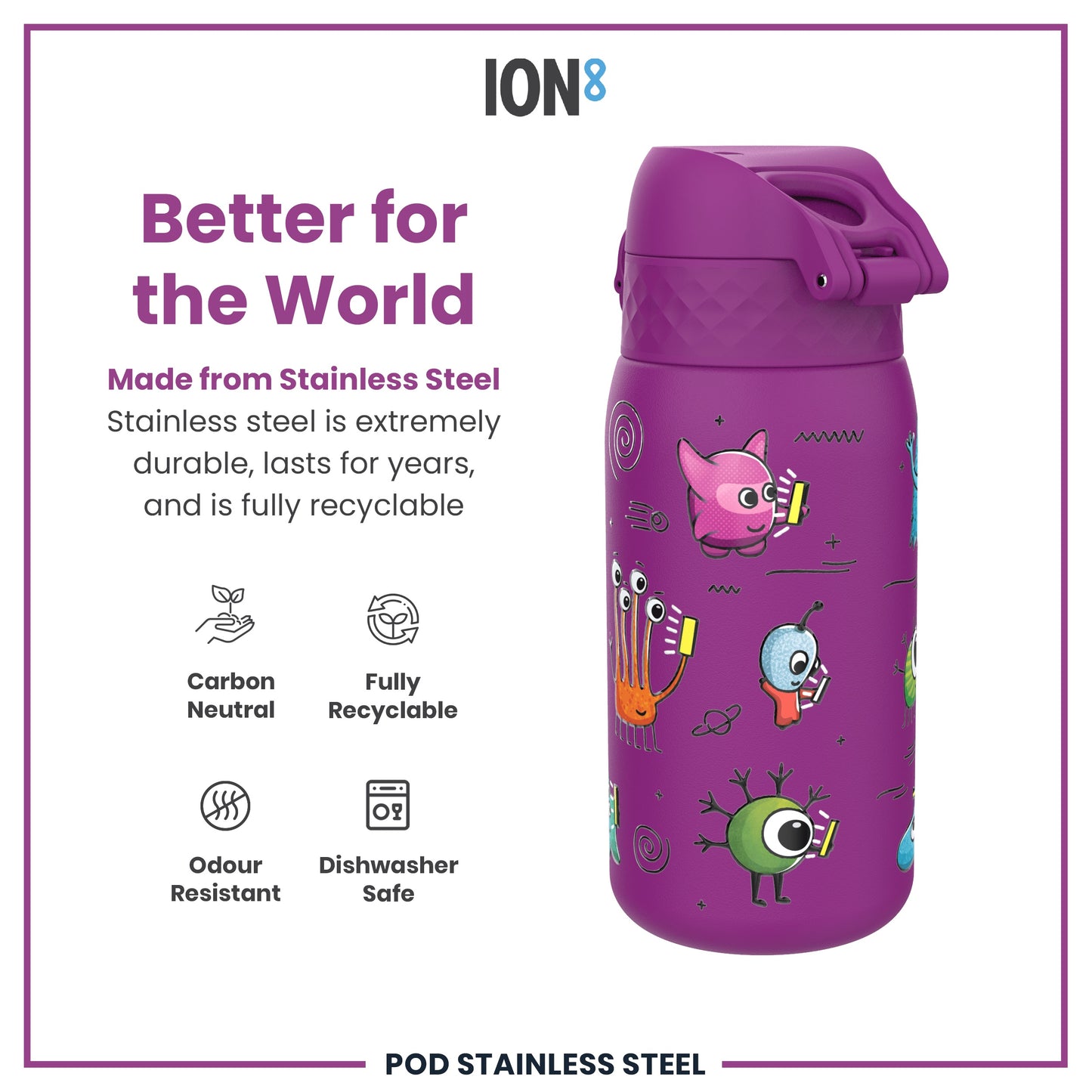 A purple, stainless steel water bottle, decorated with cartoon monsters, sits on a white background. The bottle is described as durable, recyclable, carbon neutral, odour resistant, and dishwasher safe.