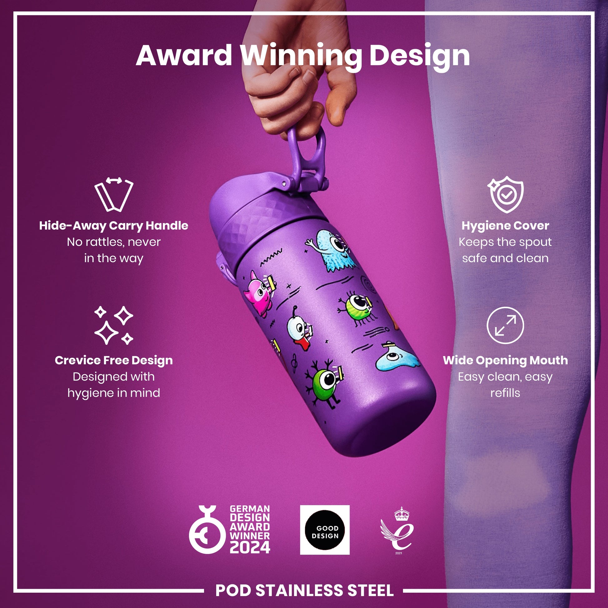 A purple, cartoon-monster-decorated water bottle is being held; its features include a hide-away handle, crevice-free design, hygiene cover, and wide mouth. The bottle is award-winning.