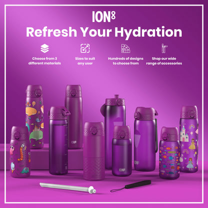 Several purple ION8 water bottles, varying in size and design, are displayed on a purple surface. Some feature children's illustrations. Accompanying text promotes material choices, sizes, designs and accessories.