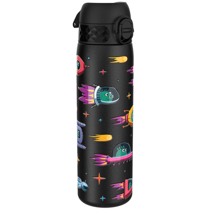 A black water bottle, featuring a space-themed design of rockets and aliens, stands upright against a white background.