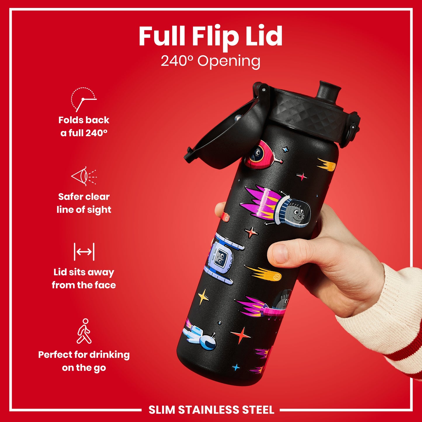 A black, space-themed stainless steel water bottle with a full flip lid is held by a hand against a red background. The lid opens 240°. The bottle's design features cartoon rockets and astronauts.