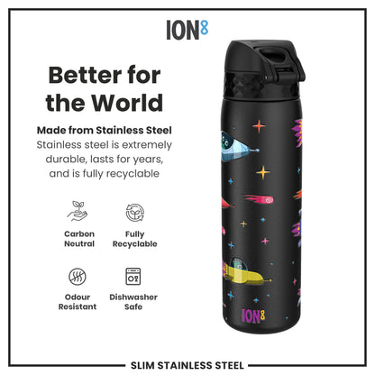 A black stainless steel water bottle, featuring a space-themed design, stands against a white background. It is described as carbon neutral, fully recyclable, odour resistant, and dishwasher safe.