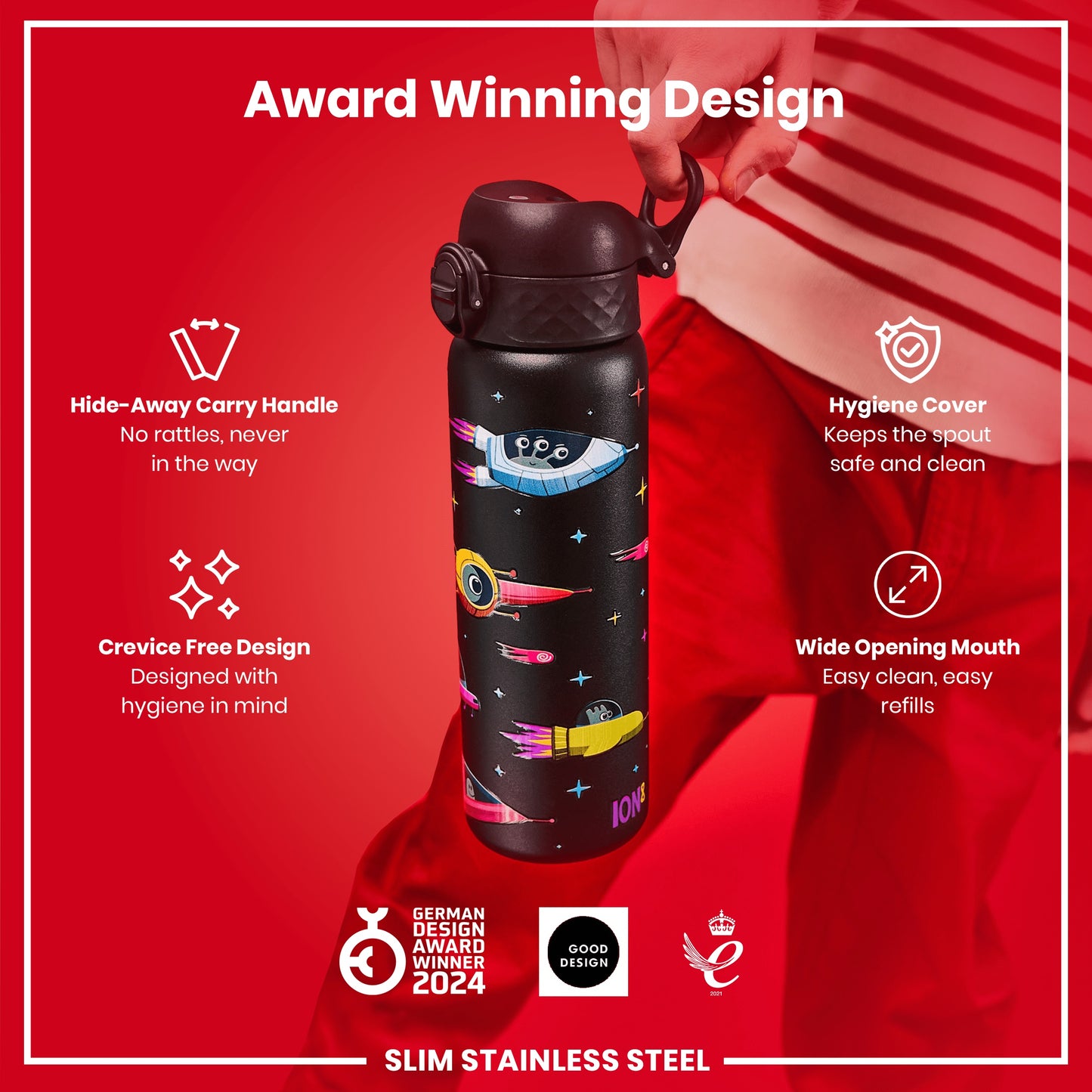 A black, space-themed water bottle is being held; it features a hideaway handle, crevice-free design, and wide mouth. The bottle is advertised as an award-winning design. The text also mentions a hygiene cover.