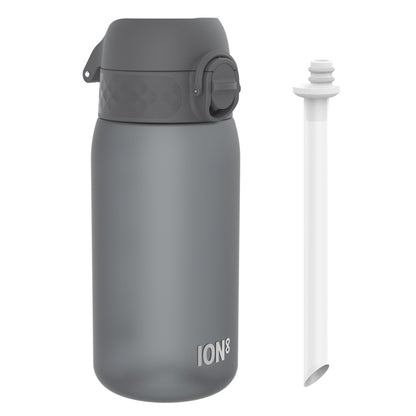 A gray water bottle, featuring a hinged lid and the brand name "ION8," sits beside a detached, white straw against a white background.