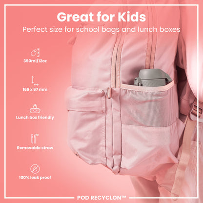 A grey water bottle fits inside a pink backpack's mesh pocket; the backpack is designed for children's school supplies. Great for Kids. Perfect size for school bags and lunch boxes. 350ml/12oz. 169 x 67 mm. Lunch box friendly. Removable straw. 100% leak proof. POD RECYCLON™.