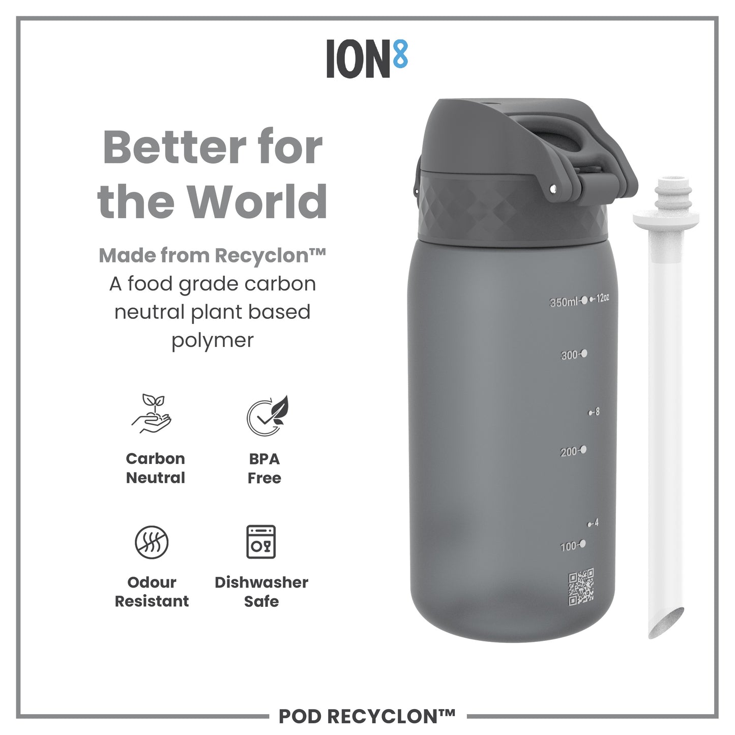 A dark-grey water bottle sits beside its removable straw. It is made from a plant-based polymer, is carbon-neutral, BPA-free, odour-resistant, and dishwasher-safe. The bottle displays volume markings.