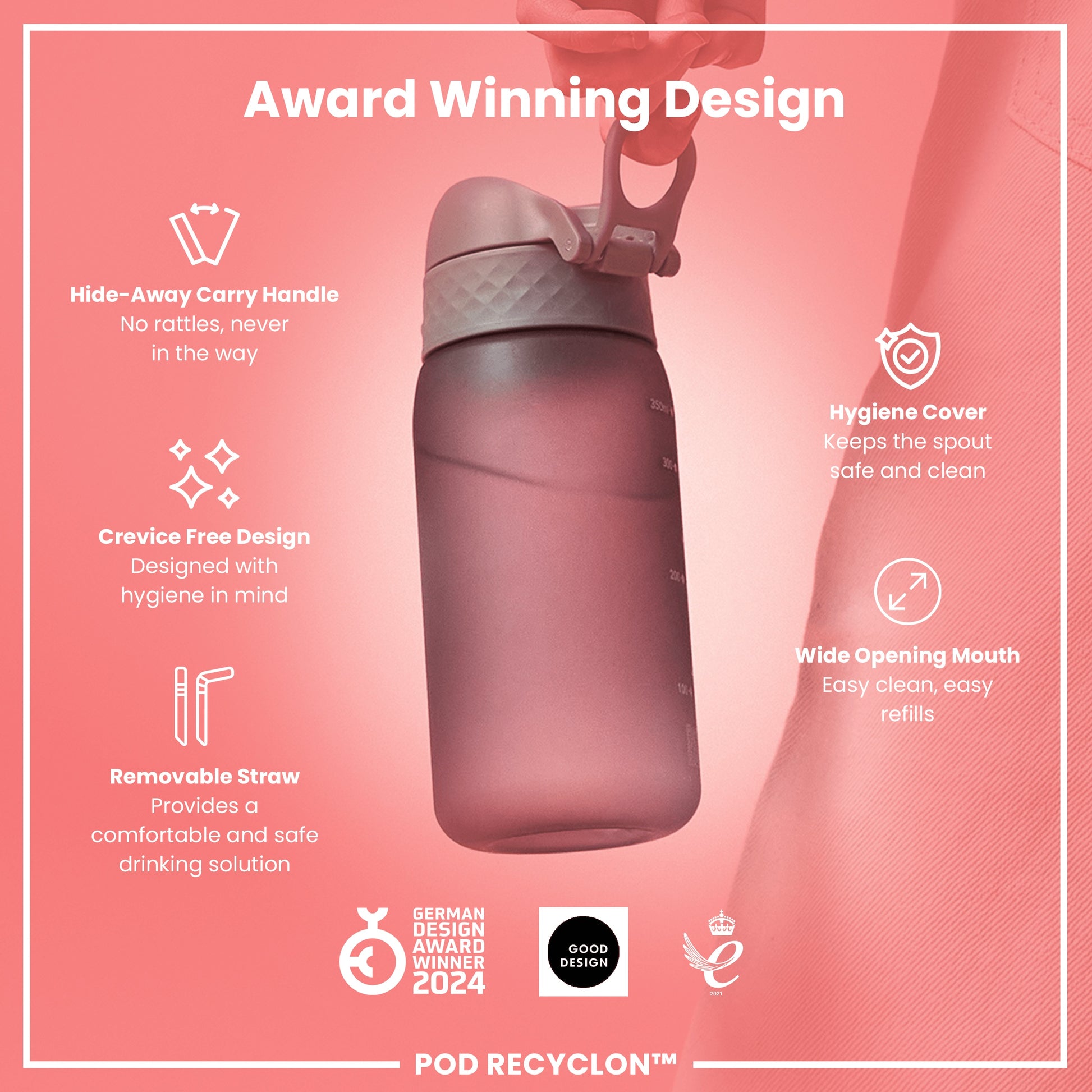 A mauve water bottle is being held; it has a wide mouth, removable straw, and a hide-away handle. The background is pink, and text highlights the bottle's award-winning design and features. GERMAN DESIGN AWARD WINNER 2024. POD RECYCLON™.