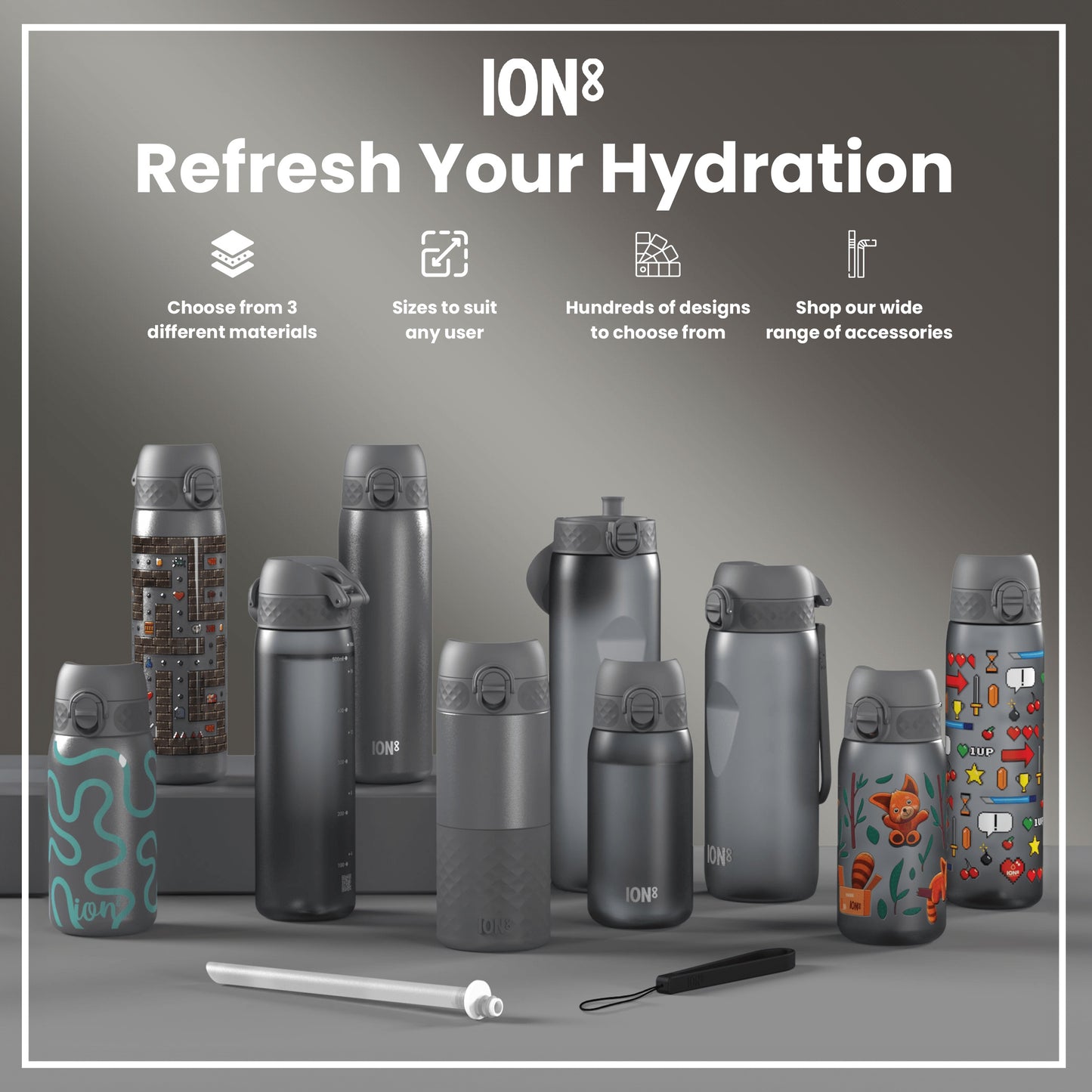 Several water bottles, various sizes and designs, are displayed on a gray surface; some feature playful graphics. ION8 is prominently featured.